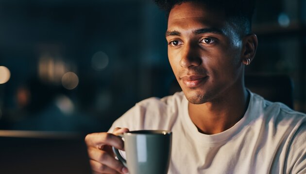 Young Man Sitting in Cozy Cafe Drinking Coffee in Warm Indoor Setting