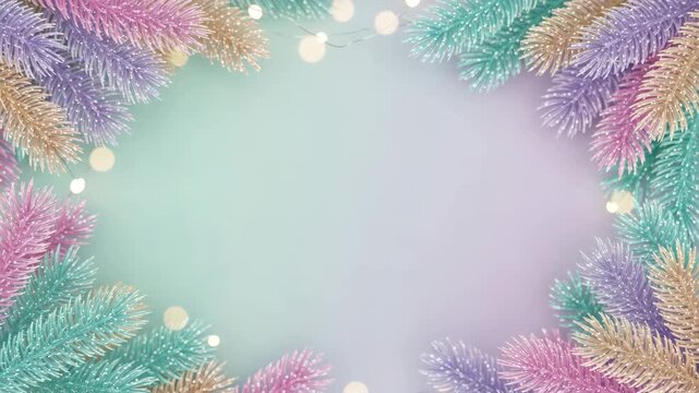 Pastel-colored pine branches with glowing lights forming a festive frame on soft gradient background, Christmas border design with copy space