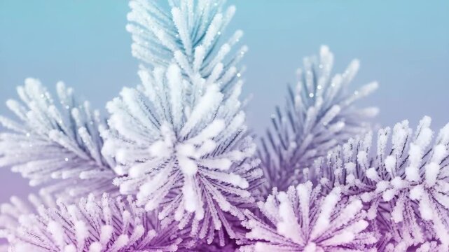 Frosted pine branches covered with snow against soft pastel gradient background, winter nature close-up with copy space