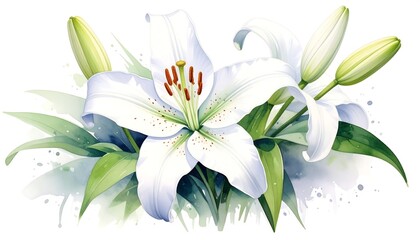 Elegant White Lilies Watercolor Painting with Green Leaves.
