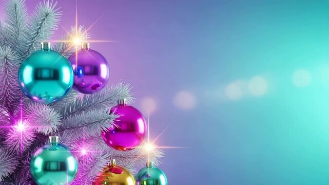 Colorful Christmas ornaments on frosted pine branches with glowing light reflections against blue gradient background, festive holiday design with copy space