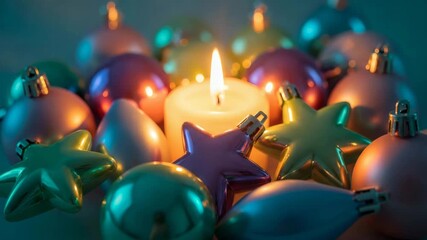 Burning candle surrounded by colorful Christmas ornaments and metallic stars, warm festive holiday atmosphere with copy space - Powered by Adobe