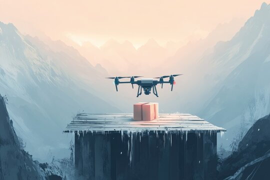 A drone delivers a package to an isolated, snow-covered platform amidst majestic, icy mountains under a soft, pastel sky, representing remote logistics.