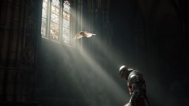 crusader temple knight kneeling and praying in church. white peaceful dove flying past light beams entering church window