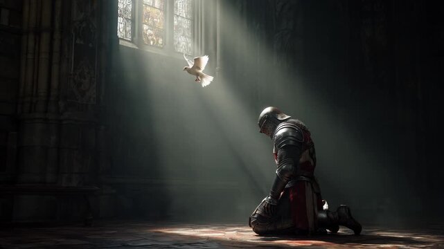 crusader temple knight kneeling and praying in church. white peaceful dove flying past light beams entering church window