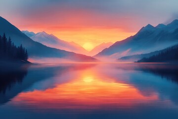 A vibrant sunset over a calm mountain lake, reflecting stunning orange, pink, and blue skies. Majestic peaks and serene forests frame this natural beauty.