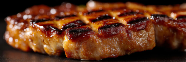 A close-up of a beautifully grilled piece of meat showcases perfectly charred marks and a delicious texture, ideal for culinary and food marketing imagery.