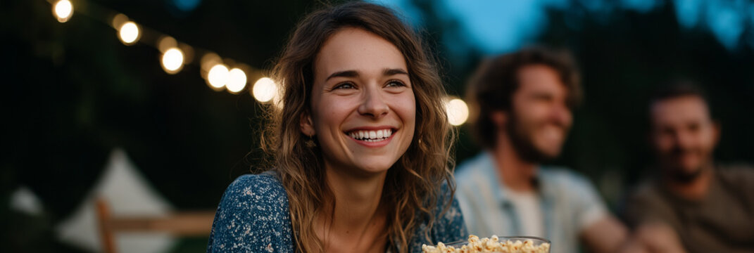 A smiling woman holds a bowl of popcorn, enjoying an outdoor movie night with friends, embodying happiness, connection, and the joy of shared experiences.