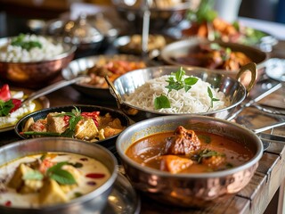 Indian Feast with Curries, Rice, and Aromatic Garnishes in Copper Serving Dishes
