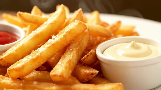 Golden French Fries Stacked on White Plate with Ketchup and Mayo in Ramekins Against Dark Brown Background Close Up Still Life