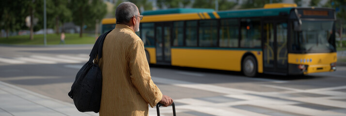 An elderly man stands patiently at a bus stop, reflecting the themes of urban life, mobility, and the passage of time in a vibrant city setting.