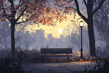 Autumn park, sunset glow. Lonely bench, glowing street lamp. Fallen leaves on path. Distant city silhouette under tranquil light.