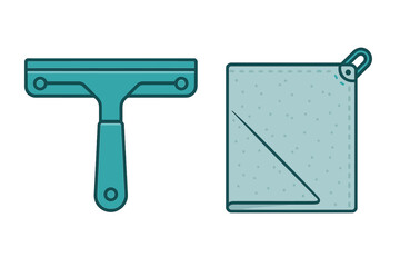 Household cleaning equipment including a window squeegee and folded microfiber rag