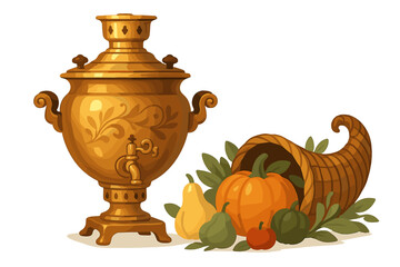 Golden samovar and cornucopia filled with autumn harvest vegetables and fruit