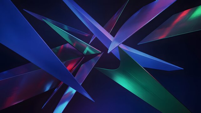Abstract geometric explosion of sharp colorful light beams in vibrant blues greens and pinks against a dark background - Powered by Adobe