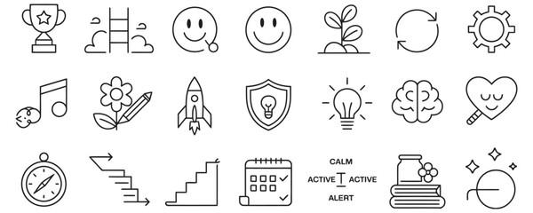 Inspiring collection of modern icons symbolizing success, ideas, growth, happiness, and well-being for business and lifestyle projects