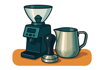 Professional coffee brewing equipment set with grinder, tamper, and milk pitcher