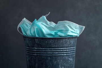 Used blue surgical face masks overflowing from a weathered metal bucket against a dark background, symbolizing careful disposal or post-pandemic times.