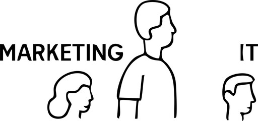 An artistic illustration symbolizing collaboration between marketing and IT teams, showing the visual fusion of creativity and technology across professions.