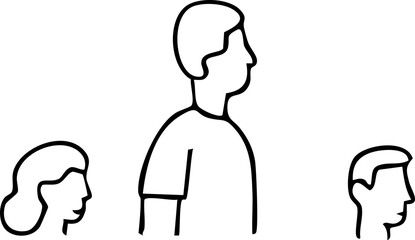 A drawing of a tall person standing in the center, surrounded by smaller figures behind and in front, symbolizing contrast and perspective.