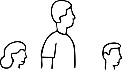 A drawing of a tall person standing in the center, surrounded by smaller figures behind and in front, symbolizing contrast and perspective.