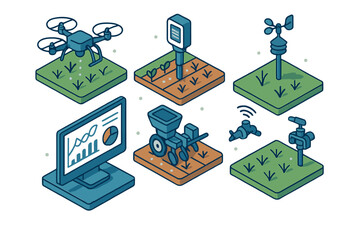 Modern farming technology set with drone, weather station, soil sensor, and automated planting equipment