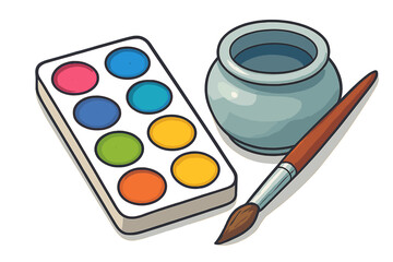 Watercolor paint palette, brush, and water pot set ready for artistic creation