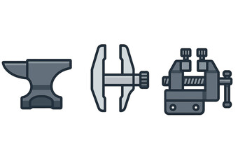 Industrial tools set featuring anvil, measuring caliper, and sturdy bench vise