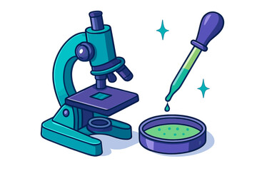 Microscope, dropper pipette, and petri dish with green solution for scientific analysis
