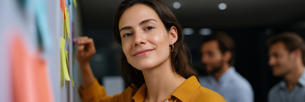 A young professional smiles while arranging colorful sticky notes on a whiteboard, reflecting creativity, teamwork, and innovation in a collaborative work environment.