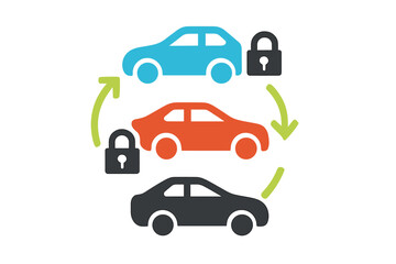 Naklejka premium Secure car sharing and rental service cycle with vehicles and padlock icons