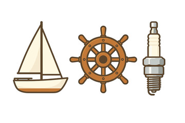 Fototapeta premium Set of isolated objects featuring a sailboat, wooden ship's helm, and engine spark plug