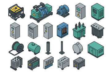 Isometric industrial electrical equipment set: generator, motor, transformer, control panel, storage tank