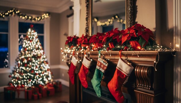 Warm Holiday Living Room Featuring Decorated Mantel with Colorful Stockings and Glowing Christmas Tree Background