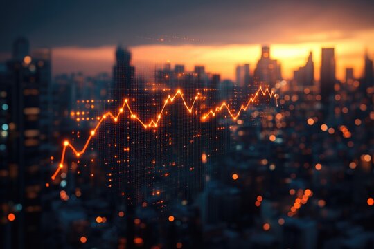 Digital data line graph shimmering over a blurred cityscape at sunset, symbolizing financial growth, technology, and urban economic trends.
