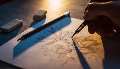 Skilled tattoo artist meticulously drawing intricate floral design on translucent tracing paper with professional pencil