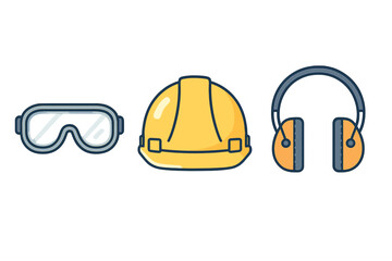 Personal Protective Equipment including safety goggles hard hat and ear defenders for industrial security
