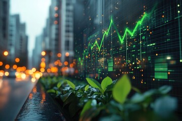 A vibrant digital financial graph with a green upward trend shines over a blurred cityscape, featuring warm bokeh and wet plants.