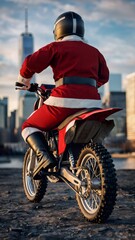Fototapeta premium Santa Claus Rider on Dirt Bike Overlooking Manhattan Skyline During Golden Hour Urban Adventure