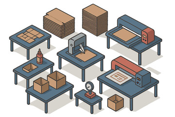 Isometric workflow of cardboard box manufacturing assembly line with machinery and materials