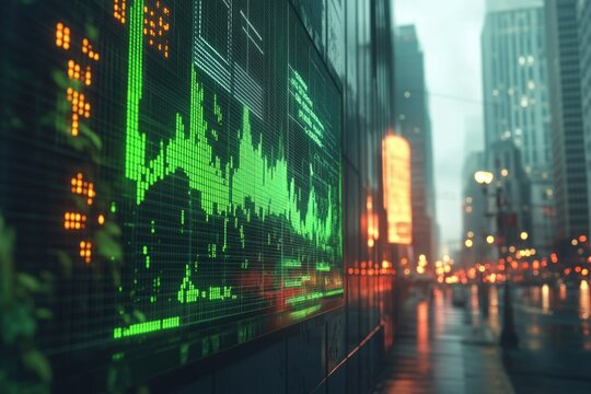 Digital display showing glowing green financial data charts on a city building, with a blurred urban street and evening lights reflecting. - Powered by Adobe