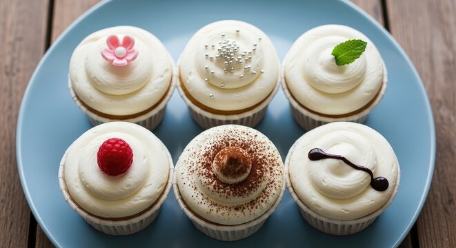 Six cupcakes with different toppings on a blue plate close up view shot