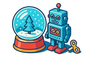 Vintage wind-up toy robot standing next to a festive snow globe with a pine tree inside
