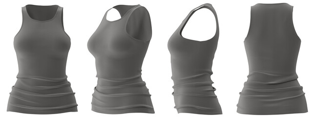Gray tank top in multiple views, perfect for fashion design and apparel mockups