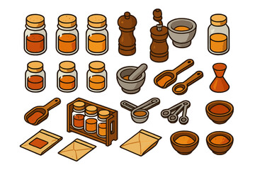 Detailed isometric set of kitchen spices, seasoning jars, wooden scoops, and grinding tools