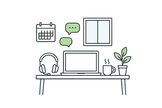 Modern home office workspace setup with laptop, calendar, headphones, and coffee