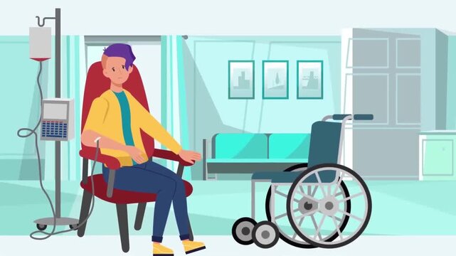 Disabled Man Getting IV Infusion in Hospital Room, Healthcare and Disability Support Concept