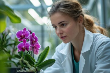 A focused young botanist in a white lab coat meticulously examines vibrant purple orchids in a greenhouse, dedicated to plant care and scientific study.