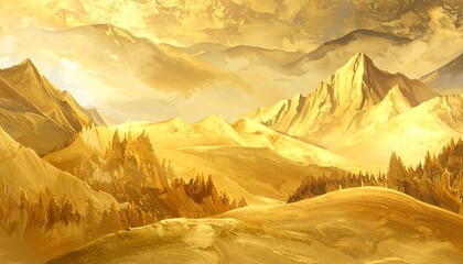 Golden Landscape Painting with Mountains and Trees in Warm Light.