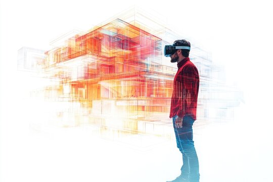 Man wearing VR headset interacting with a glowing, complex 3D architectural blueprint, symbolizing innovative virtual reality design and visualization.